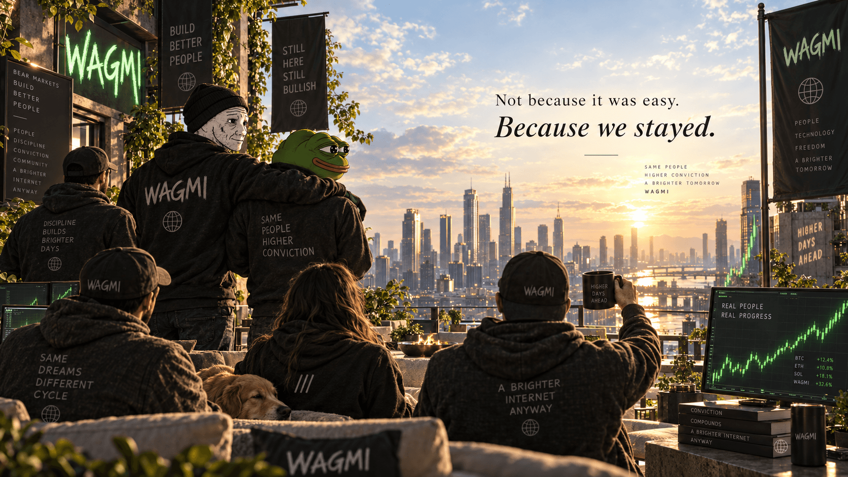 Wojak and Pepe with their arms around each other as their friends celebrate above a sunlit city.