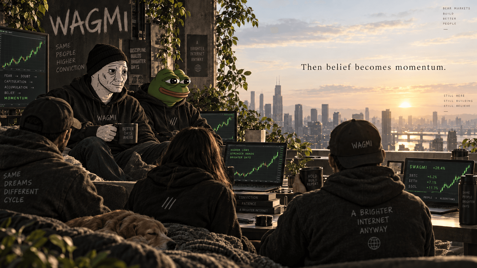 Wojak and Pepe face a brighter morning, with green charts returning around them.