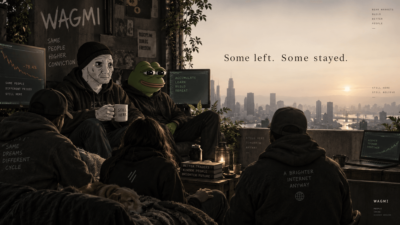 Wojak and Pepe stay together with their friends through the bear market.