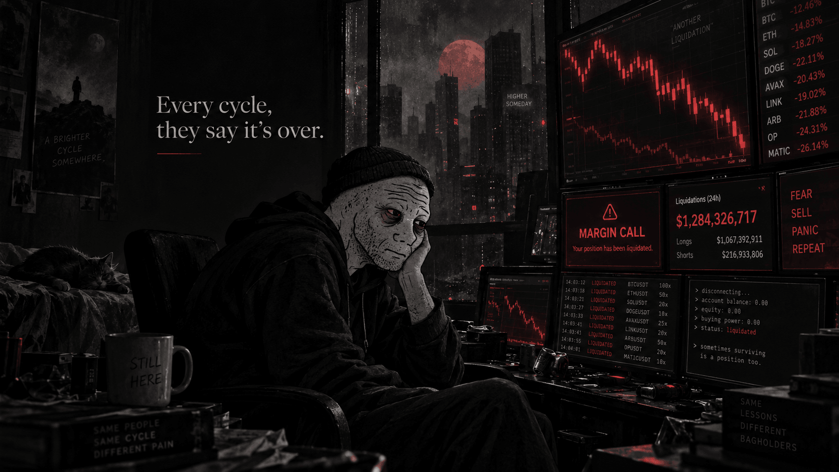 Wojak alone in a dark room with red market screens.